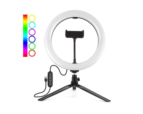 Кольцевая светодиодная селфи лампа M26 для фото с держателем для телефона на настольной треноге, с RGB режимами (мультиколор) диаметр - 26 см
