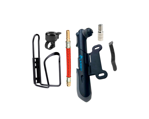 Велонабор VS-PUNFZV-02: ручной насос, шланг с удлинителем ниппеля, флягодержатель и звонок для велосипеда