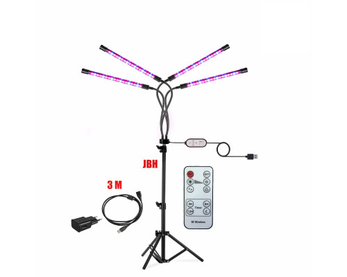 Фитолампа светодиодная, светильник для растений 4 панели на штативе FL-JBH-RC3 с пультом на проводе и ДУ, удлинителем 3 м и адаптером