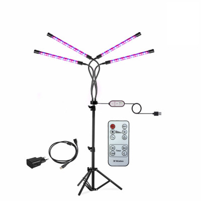 Фитолампа светодиодная, светильник для растений 4 панели на штативе FL-JBH-RC3 с пультом на проводе и ДУ, удлинителем 3 м и адаптером