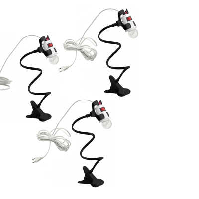 Светильник патрон c фитолампой 12Вт с выключателем и кабелем на гибком черном держателе с пластиковым зажимом, 3 шт