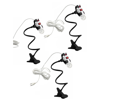 Светильник патрон c фитолампой 12Вт с выключателем и кабелем на гибком черном держателе с пластиковым зажимом, 3 шт