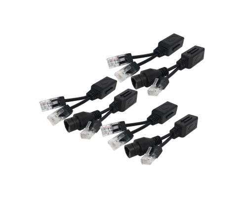 Комплект из 3 переходников и 3 разветвителей для передачи данных и PoE, RJ45, цвет черный