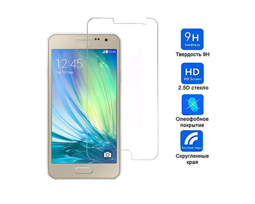 Защитное стекло для Samsung Galaxy A3 2015, вид - 2.5D с салфеткой и стикером, в комплекте 2 стекла