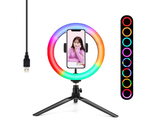 Кольцевая лампа RGB с держателем для смартфона, настольной треногой, шарниром,  диаметр 20 см