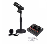 Микрофон BM-800B, черный, с кабелем XLR - Jack 3.5 на настольной подставке с держателем прищепкой и со звуковой картой микшер V8 в коробке