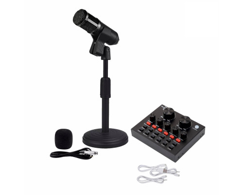 Микрофон BM-800B, черный, с кабелем XLR - Jack 3.5 на настольной подставке с держателем прищепкой и со звуковой картой микшер V8 в коробке