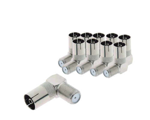 Переходник гнездо F (мама) - гнездо TV (мама), угловой, 10 шт