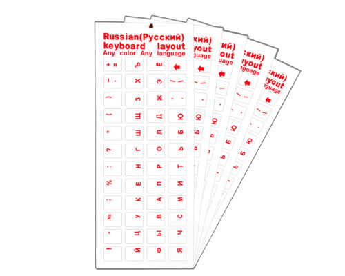 Наклейки на клавиатуру прозрачные 5шт, русские буквы, красный цвет