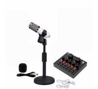 Микрофон BM-800W, белый, с кабелем XLR - Jack 3.5 на настольной подставке с держателем прищепкой и со звуковой картой микшер V8 в коробке