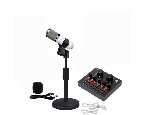 Микрофон BM-800W, белый, с кабелем XLR - Jack 3.5 на настольной подставке с держателем прищепкой и со звуковой картой микшер V8 в коробке