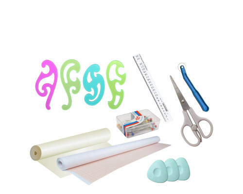 Набор предметов для выкройки и шитья НВ04 (лекала, ножницы, копировальный ролик, калька, бумага масштабно-координатная)