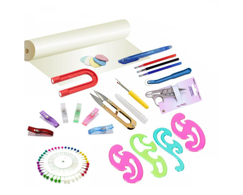 Швейный набор HB01 для выкройки, 65 предметов (калька, лекала, вспарыватель, прищепки, магнит, ручка для ткани и др.)