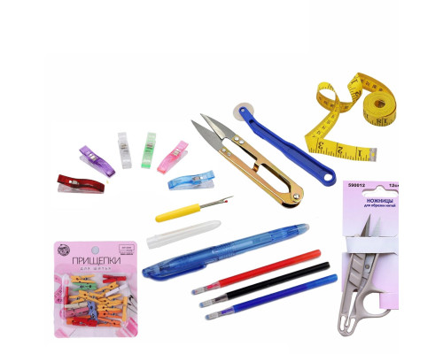 Набор принадлежностей для машинного и ручного шитья НК03 (вспарыватель, ролик, прищепки для ткани, ножницы для ниток, ручка маркировочная, сантиметровая лента)