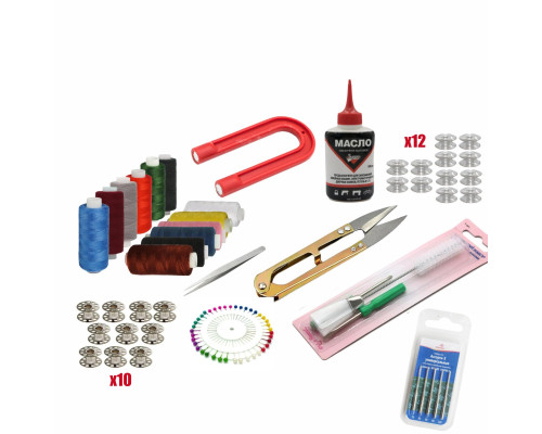 Набор для машинного шитья и сервисного обслуживания NMS01 (сниппер, шпульки, масло, кисточка, отвертки, нитки, иголки, пинцет, магнит для сбора булавок)