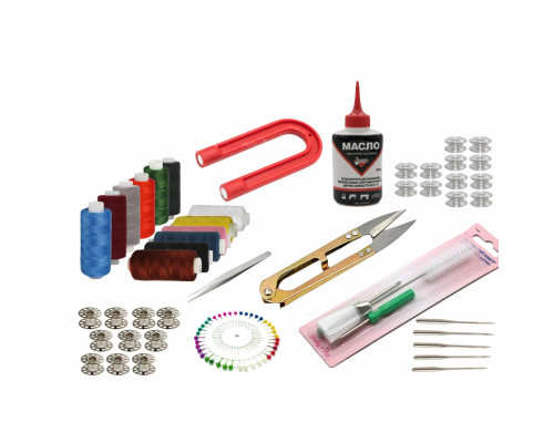 Набор для машинного шитья и сервисного обслуживания NMS01 (сниппер, шпульки, масло, кисточка, отвертки, нитки, иголки, пинцет, магнит для сбора булавок)