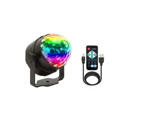 Светодиодный LED диско шар, питание USB 5V, с голосовым управлением + управление с пульта