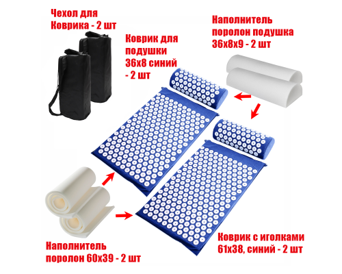 Комплект: 2 Аппликатора Кузнецова комплект синие (2 подушки +2 коврика ) + 2 чехла в подарок