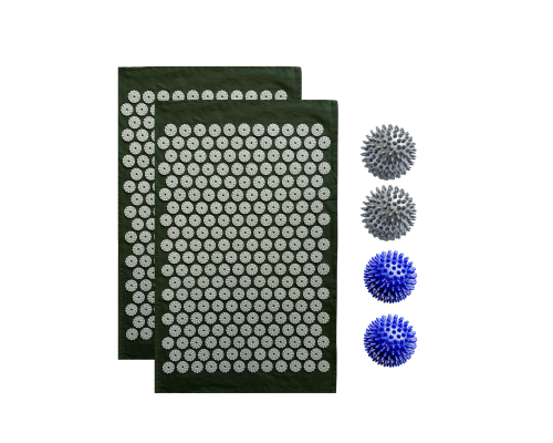 Комплект: 2 коврика однослойных оливковый+4 мяча (2 синих и 2 серых) массажных