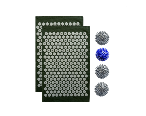 Комплект: 2 коврика однослойных оливковый+4 мяча (1 синий и 3 серых) массажных