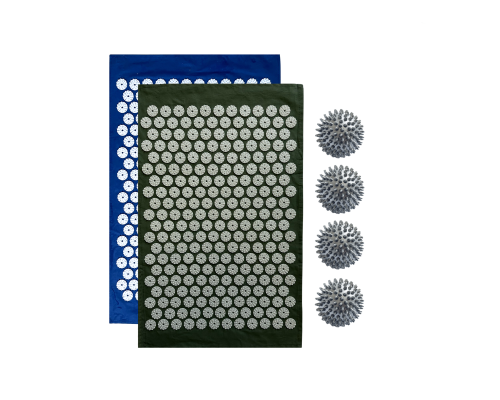 Комплект: 2 коврика однослойных синий и оливковый + 4 серых мяча массажных