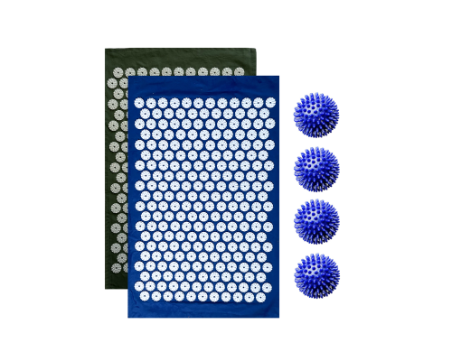 Комплект: 2 коврика однослойных синий и оливковый +4 синих мяча массажных