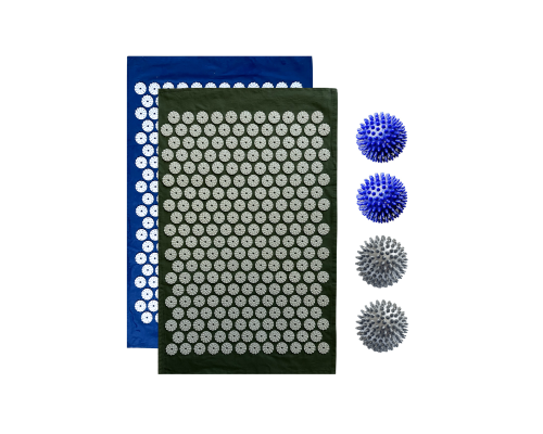 Комплект: 2 коврика однослойных синий и оливковый +4 мяча (2 синих и 2 серых) массажных