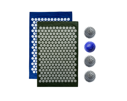 Комплект: 2 коврика однослойных синий и оливковый +4 мяча (1 синий и 3 серых) массажных