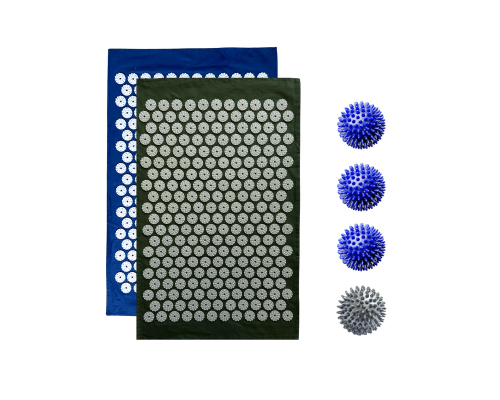 Комплект: 2 коврика однослойных синий и оливковый +4 мяча (3 синих и 1 серый) массажных