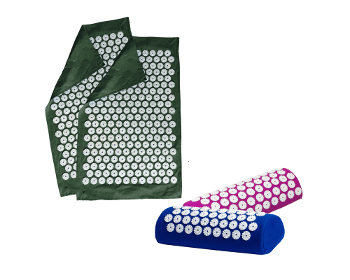 Комплект: 2 подушка синяя+фиолетовая+2 коврика однослойных оливковых