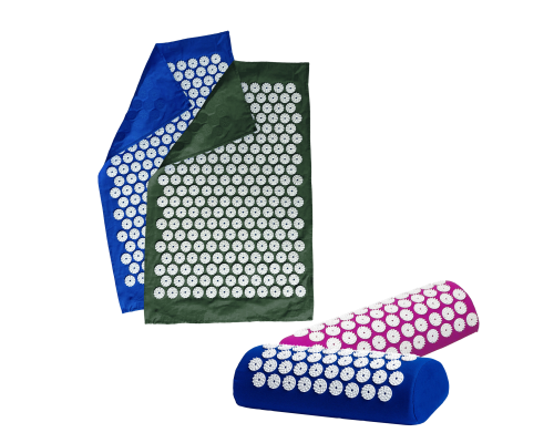 Комплект: 2 подушка синяя+фиолетовая+2 коврика однослойных синий+оливковый