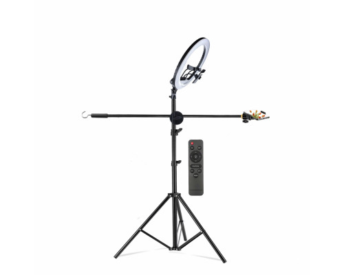 Напольная стойка штатив JBH-G118 с кольцевой led лампой 45 см, крючком для противовеса и 3 держателями телефона для горизонтальной съемки