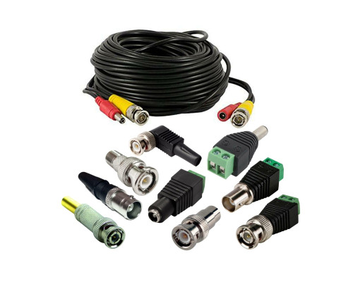 Комплект для видеонаблюдения: кабель BNC/DC - BNC/DC, 20 м, с переходниками BNC, RCA, DC с клеммной колодкой