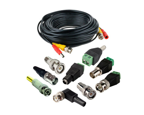 Комплект для видеонаблюдения: кабель BNC/DC - BNC/DC, 10 м, с переходниками BNC, RCA, DC с клеммной колодкой