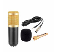 Конденсаторный микрофон BM-800, черно-золотой, с ветрозащитой, кабелем XLR-Jack 3.5 и переходником Jack 3.5 mm гнездо на Jack 6.3 mm штекер
