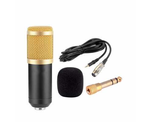 Конденсаторный микрофон BM-800, черно-золотой, с ветрозащитой, кабелем XLR-Jack 3.5 и переходником Jack 3.5 mm гнездо на Jack 6.3 mm штекер