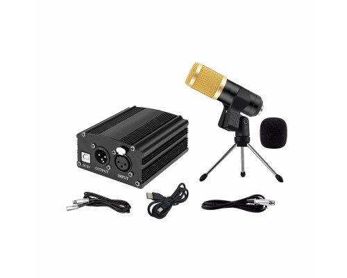 Конденсаторный микрофон BM800 чёрно-золотой с фантомным питанием PHP2 48V на настольной треноге с кабелями для подключения