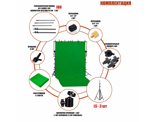 Переносной каркас KF-300VFP-5 с регулировкой по высоте до 250 см и ширине до 300 см с фотофоном 5х3 м и прищепками