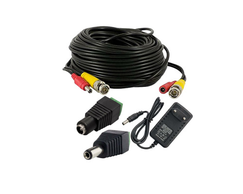 Комплект К-20 для системы видеонаблюдения: кабель BNC/DC 20 м, переходники DC(мама), DC(папа)  и блок питания