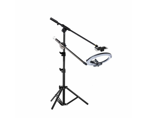 Кольцевая лампа LSGRL-18A диаметром 45 см на наклонной стойке с планкой держателем для телефона