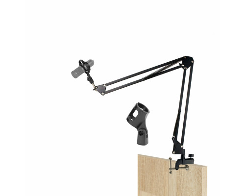 Настольная стойка пантограф KG2S-1201 с усиленной струбциной для горизонтального и вертикального крепления, с держателем паук P1 для микрофона до 1 кг