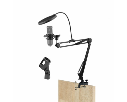 Настольная стойка пантограф KG2S-1204 с усиленной струбциной для горизонтального и вертикального крепления, с поп-фильтром и держателем паук P1 для микрофона до 750 г