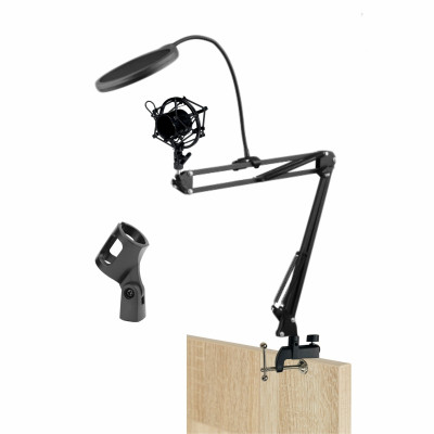 Настольная стойка пантограф KG2S-1206 с усиленной струбциной для горизонтального и вертикального крепления, с поп-фильтром и металлическим держателем паук для микрофона до 680 г