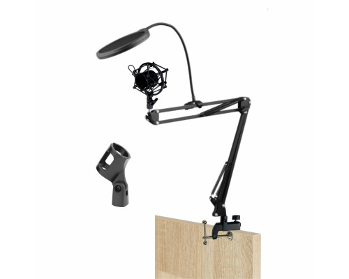 Настольная стойка пантограф KG2S-1206 с усиленной струбциной для горизонтального и вертикального крепления, с поп-фильтром и металлическим держателем паук для микрофона до 680 г