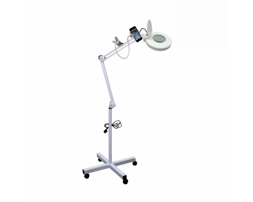 Напольная лампа лупа LCD-1 косметологическая светодиодная на колесах с гибким держателем-прищепка для телефона