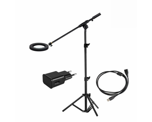 Светодиодная лампа лупа черная JBLN-161AL на напольной стойке JBH с удлинителем USB 1,5 м и адаптером питания