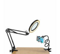 Комплект для съемки: лампа лупа светодиодная LN-22D на усиленной струбцине с держателем для телефона на гибкой основе