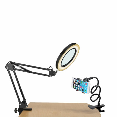 Комплект для съемки: лампа лупа светодиодная LN-22D на усиленной струбцине с держателем для телефона на гибкой основе
