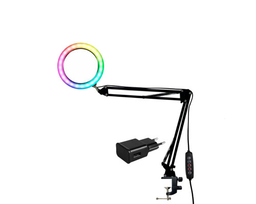 Настольная лампа светильник RGB-NB2S20A, 15 цветовых оттенков, диаметр 20 см, с адаптером питания на пантографе с усиленной струбциной для горизонтального и вертикального крепления