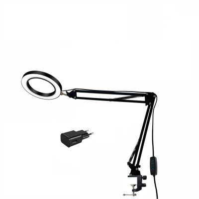 Настольная лампа LNB2S-15A в виде светодиодного светильника диаметром 15 см с USB адаптером на пантографе с усиленной струбциной для горизонтального и вертикального крепления